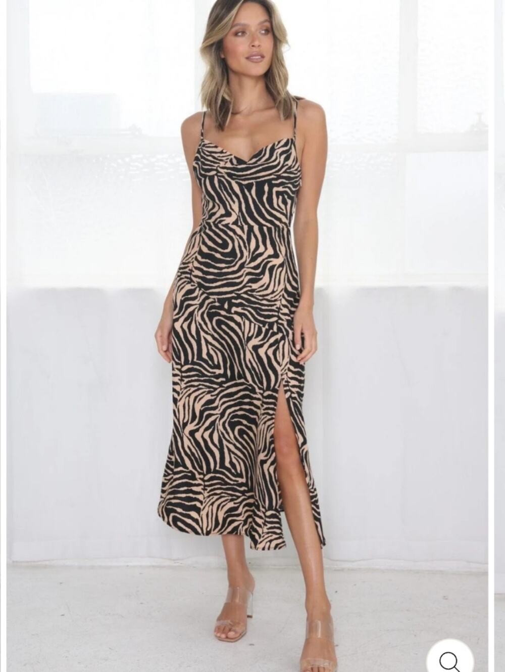 Cupshe Spaghetti Strap Zebra Print Midi Dress - Black & Beige